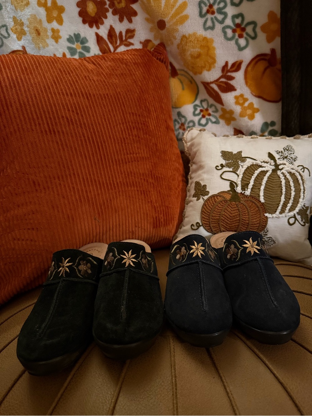 Lot of 2 Women’s Fly Flot Embroidered Suede Clogs Mules - Black & Navy Blue